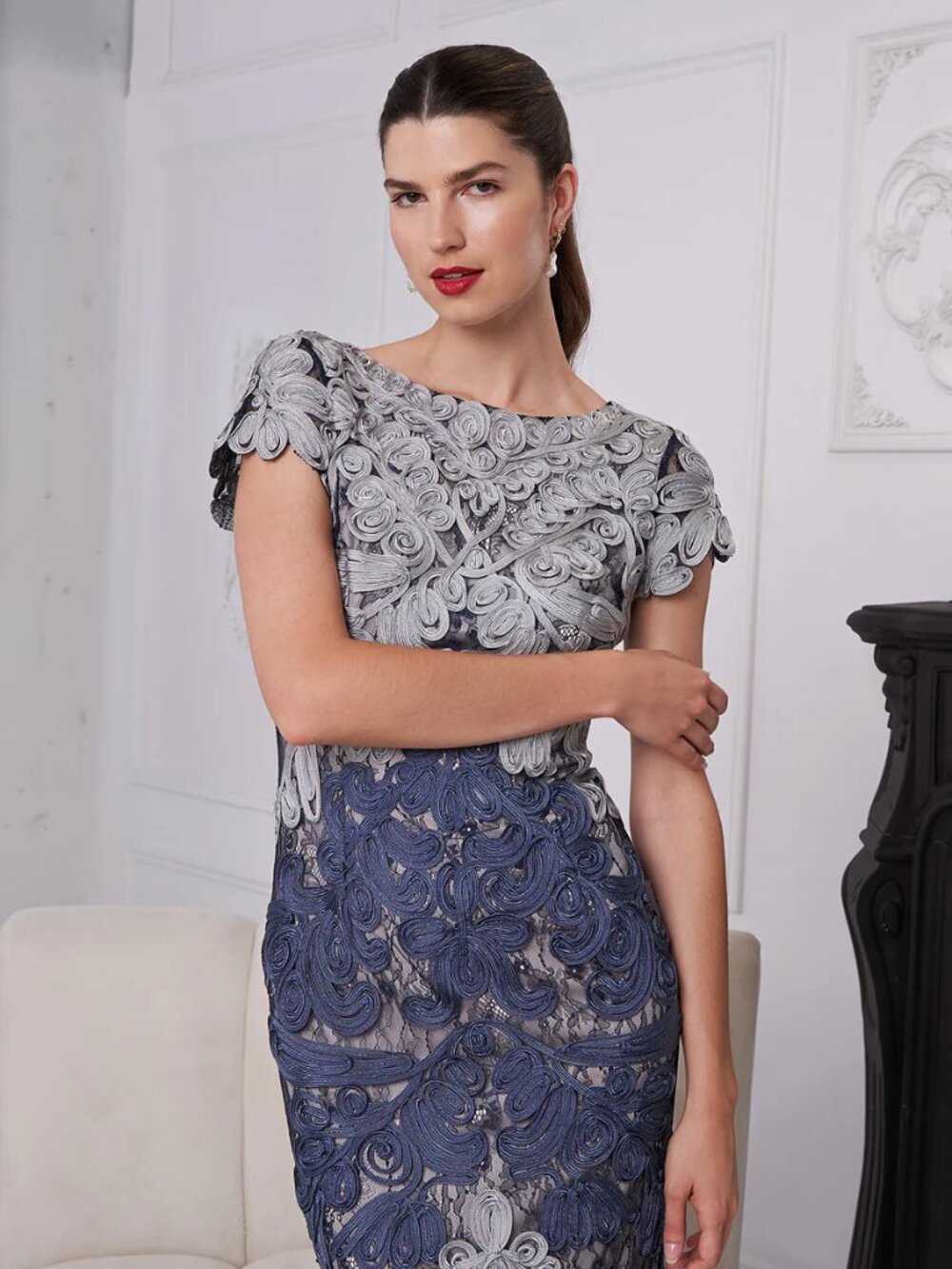 J.S. Collections Embroidered Lace Midi Dress – Navy & Silver – Size 12
